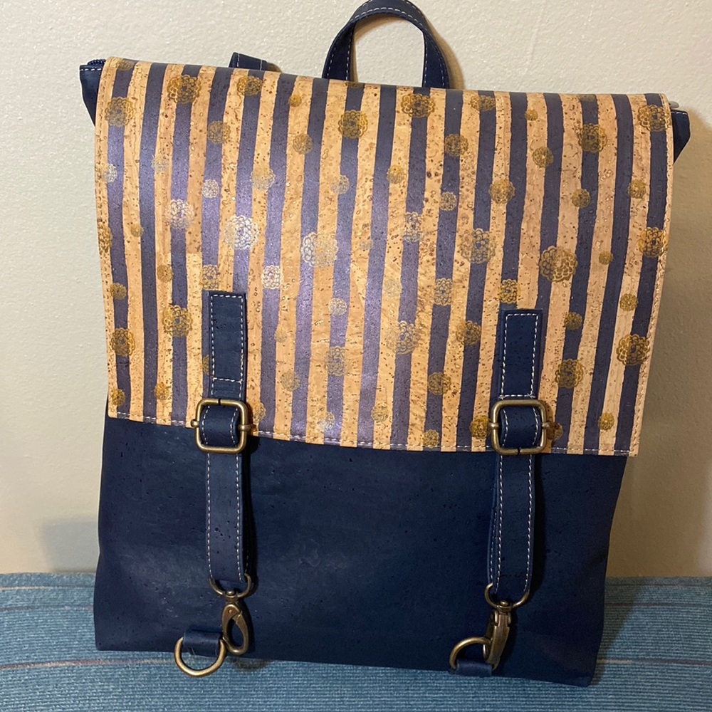 Cork backpack, Blue leather, Italian Leather, Handmade in Greece.